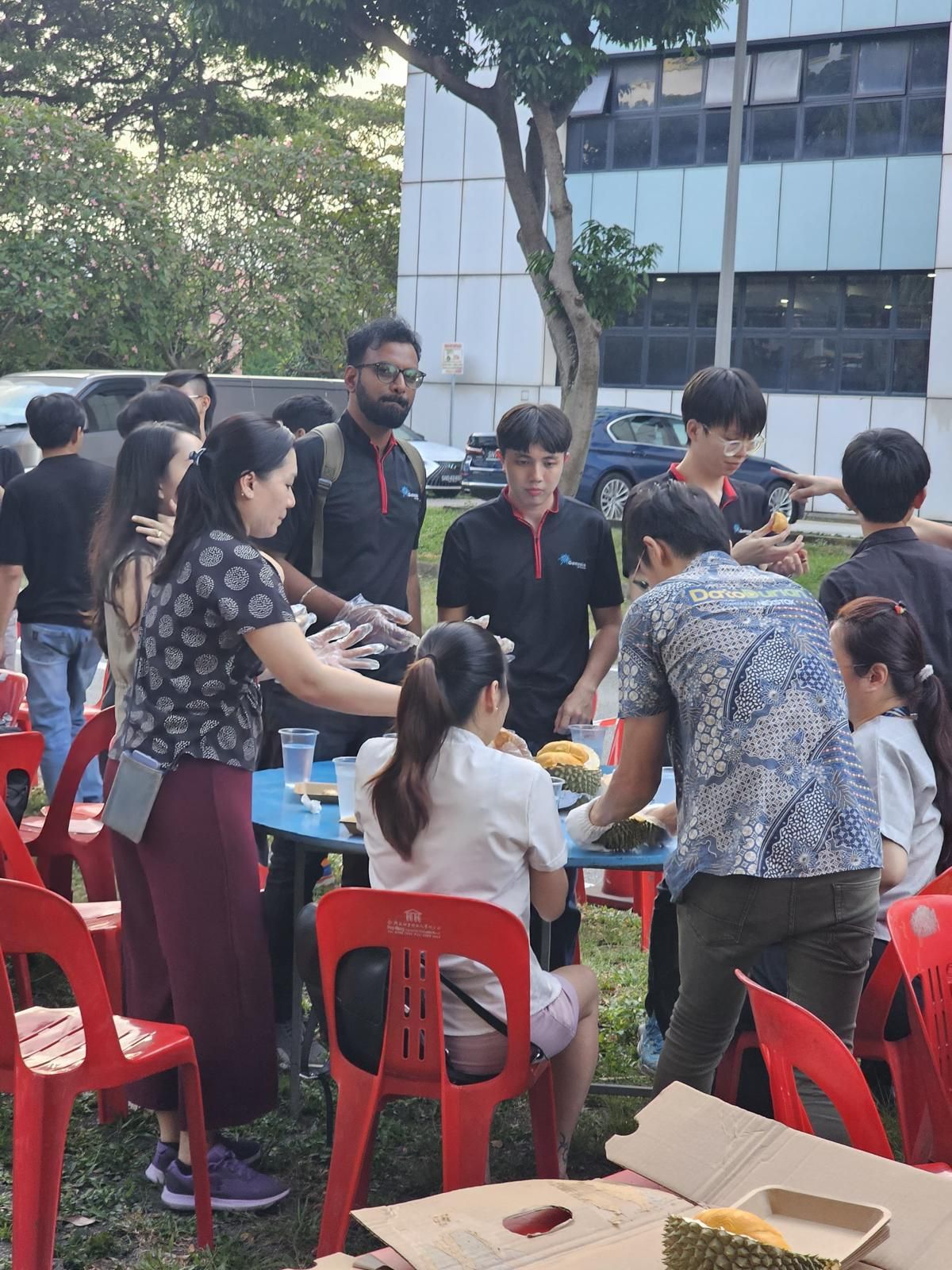 Corporate durian party in Singapore catered by DatoDurian - office team enjoying fresh durian opened on-site