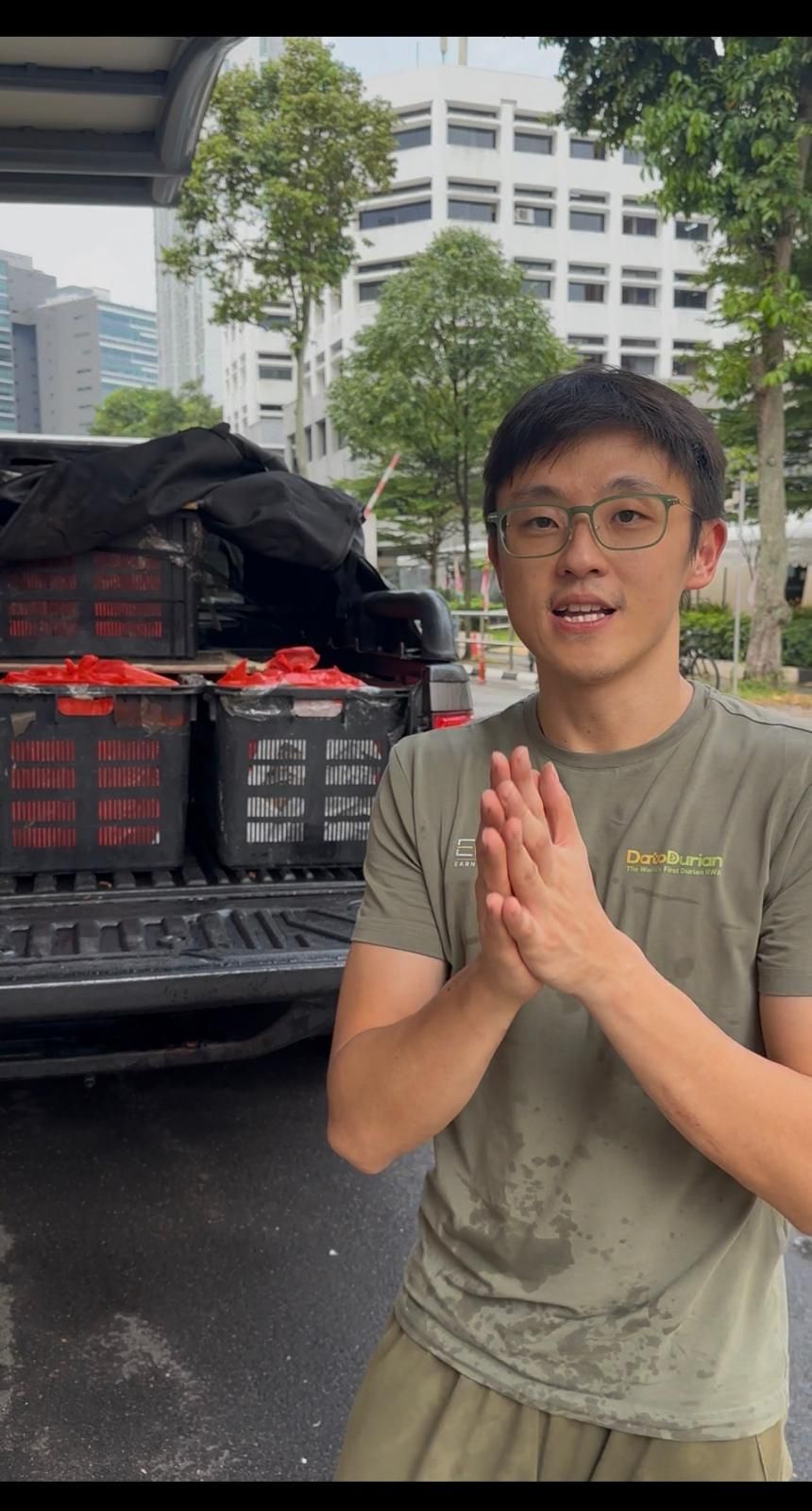 Bobby Sim of DatoDurian with crates of farm-fresh durian arriving from Raub Pahang for a Singapore corporate event